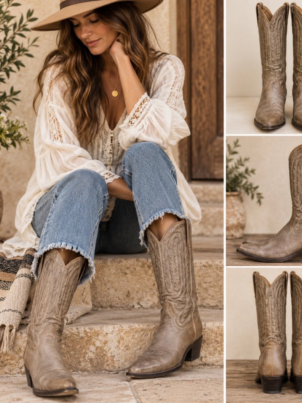 Justin Vintage Cowboy Boots Womens 7 Taupe Leather Western Cowgirl Riding Boots